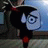 Pixelated character with large blue eyes and black hair wearing a black outfit with red accents, standing against a blue background with white text on the right.
