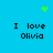 Blue background with four identical text blocks reading "I love Olivia" in black pixelated font, each accompanied by green pixel art elements.