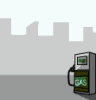 Animated sequence showing a TIE fighter approaching and interacting with a gas pump, featuring yellow smiley faces on the ground.