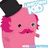 Pink cartoon character with black top hat, mustache, and blue speech bubble, wearing pink shirt, static image.