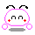 Pixelated white circular character with pink outline, black curved antennae, red plus signs on cheeks, and two small white circles below the face.