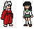 Pixel art character sprites in red robe and school uniform with changing poses, expressions, and one fallen figure on gray background.