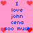 Pixelated pink background with blue text reading "I love john cena sooo much" and red heart icons in corners and center.
