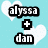 Pixelated icon with light blue background, white hearts, and black text reading "alyssa + dan = love for evr" in bold block letters.