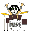 Animated cartoon of a drummer with black hair and green eyes, wearing dark brown sleeves, playing drums with yellow cymbals and a white bass drum featuring 'KISS' text.