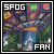 Pixelated square image with white text 'SFOG' top-left and 'FAN' bottom-right, surrounded by multicolored pixel clusters in blue, green, yellow, orange, purple hues.