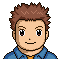 Pixel art character with brown spiky hair and blue shirt showing multiple facial expressions including neutral, open mouth, and surprised states.