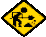 Yellow diamond-shaped warning sign with black border showing a worker digging, surrounded by small debris clouds.