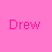 A static image shows four 'Drew' text labels in pink hues above a black background with scattered purple starbursts and a gray rectangle at the bottom right.