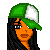 Pixelated character with green and white cap, orange skin, black hair; three views show body parts in motion.