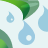 Pixelated green leaf with gradient shading and light blue water droplets on a white background.