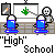 Animated contact sheet of a pixel art school scene with two stick figures, changing text bubbles, and repeated "High School" text below each frame.