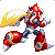 A 3x3 contact sheet of pixel art frames showing a red and white armored character with yellow hair performing various running and jumping poses against a gray background.