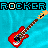 Pixelated red electric guitar with brown neck and headstock, white pickguard, black pickups, and multicolored control knobs on a blue wavy background.