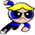 Pixelated cartoon character with yellow hat, blue outfit, and black pants in running pose against gray background.