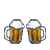 Two beer mugs with frothy heads clinking together in various animated poses against a gray background.