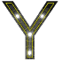 A stylized letter Y with yellow outline and black fill, featuring white circular lights arranged in a pattern across its structure.