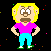 Pixelated cartoon characters in various poses with a black background and scattered colored dots.