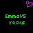 A static pixel art image with a black background, featuring a pink heart symbol at the top and green text below reading "EmmaVS rocks" on both sides.