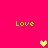 Bright pink background with four green 'Love' texts and three pixelated hearts in yellow and peach tones.