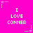 Bright pink background with repeated white pixelated text "I LOVE CONNER" and small star-shaped icons scattered across the image.