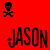 Red background with black pixelated skull and crossbones icon above large bold text reading JASON.