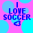 Pixelated text 'I LOVE SOCCER' with a heart symbol on a pink background with blue circles.
