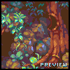 Pixel art scene of a forest with brown tree trunks, green foliage, and blue accents on leaves against dark background.