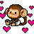 Pixel art monkey with pink hearts and text "I Love Monkeys" on white background.