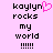Pixelated text on pink background with one version featuring a pink heart symbol replacing the 'y' in 'kaylyn', both versions displaying "kaylyn rocks my world !!!!!".