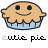 four and four shows identical cartoon pie icons with smiling faces, each on a light blue base. The text "cutie pie" appears below each icon in varying colors across the