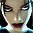 Pixelated close-up of a female character's face with dark hair, light skin tone, and red lips against a blue-toned background.