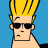 Pixelated cartoon character with spiky yellow hair, black sunglasses, and a neutral expression against solid blue background.