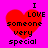 Red heart-shaped icon with black text on bright pink background, displaying 'I LOVE someone very special' in pixelated font.