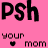 Pixelated pink background with black text 'Psh' and brown text 'your mom', two small black hearts, static image.