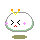 Pixelated character with white rounded head, green border, orange-yellow antennae; pink blush marks shift position across frames while eyes and mouth remain static.