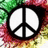 A peace symbol icon with a colorful floral background, transitioning to a monochrome striped version and then a grayscale cityscape design.