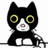 Pixelated black cat with white facial markings and yellow eyes, standing upright on a white background.