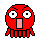 Two side-by-side pixel art frames of a red octopus-like character with wide eyes and an open mouth, showing slight pose differences between the left and right frame.