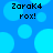 Pixelated blue background with light blue circles and four identical text blocks reading 'ZaraK4 rox!' in black pixel font.