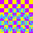 Pixelated text repeats across a yellow and purple checkered background with blue and cyan lettering.