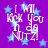 Purple background with light blue stars and white text reading "I Will Kick You In da NUTZ!" arranged in a pattern