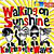 Pixelated image with yellow background and multicolored text reading 'Walking on Sunshine' above three stylized figures in black, white, and gray tones.