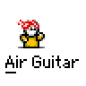 A 5x5 contact sheet of pixel art frames showing a yellow stick figure with red mushroom cap performing air guitar motions against gray background.
