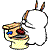 Two side-by-side animated frames of a cartoon character with bunny ears and a toilet-shaped body, showing facial expression changes between frames.