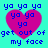 Pixelated cyan background with four identical pink heart shapes, each containing blue text reading "ya ya ya" stacked above "get out of my face.".