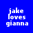 Pixelated text 'jake loves gianna' displayed across three distinct background color in a