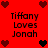 Red background with repeated text "Tiffany Loves Jonah" and heart symbols in dark red, black, and brown tones.