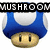 Two pixelated mushroom characters with text banners above them; left character has blue cap, right has brown-and-yellow striped cap.