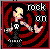 Pixelated static icon featuring a stick-figure character with yellow hair playing an electric guitar against a black background with red circular patterns and "rock on" text.